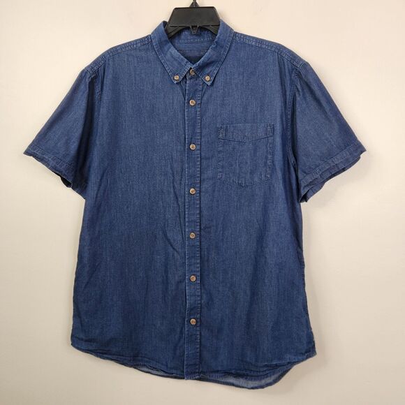 Prana Mens Indigo Broderick Solid Short Sleeve Button Down Large - Picture 2 of 8